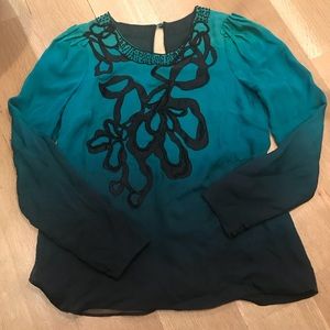 Embroidered teal and black ombre top